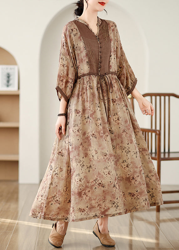 Bracelet Print Linen Art Dresses Brown Sleeve Maxi Cinched