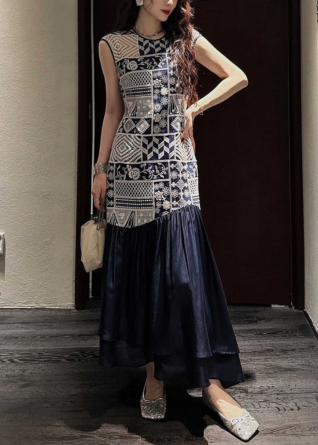 Neck O Navy Dress Long Patchwork Art Hollow Cotton Out Wrinkled