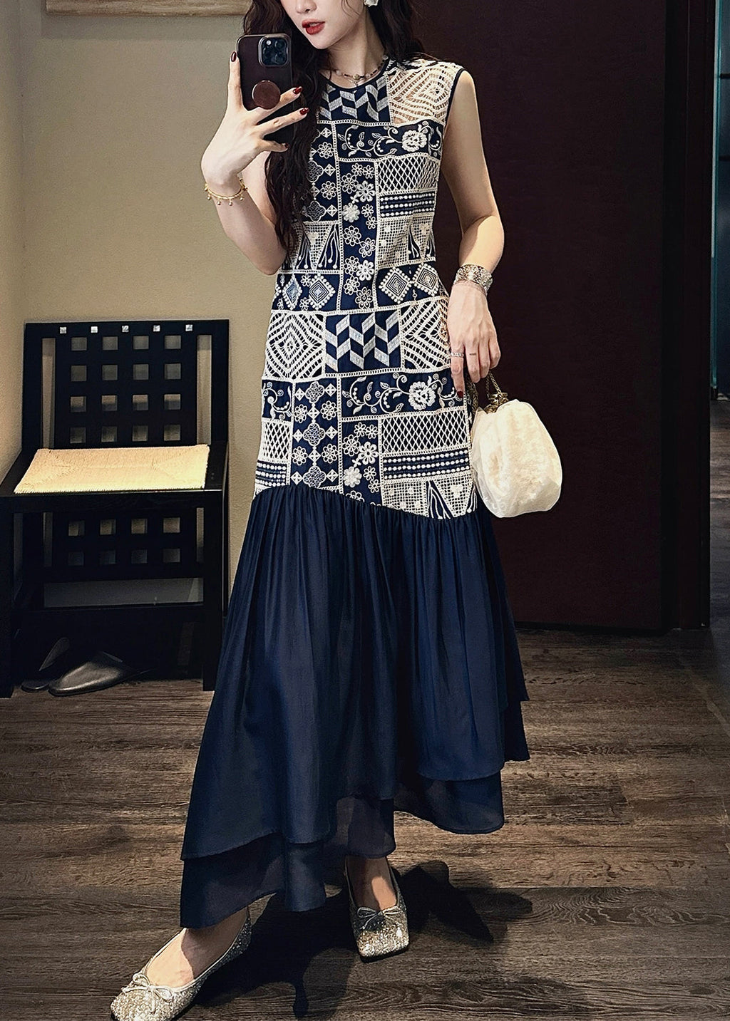 Neck O Navy Dress Long Patchwork Art Hollow Cotton Out Wrinkled