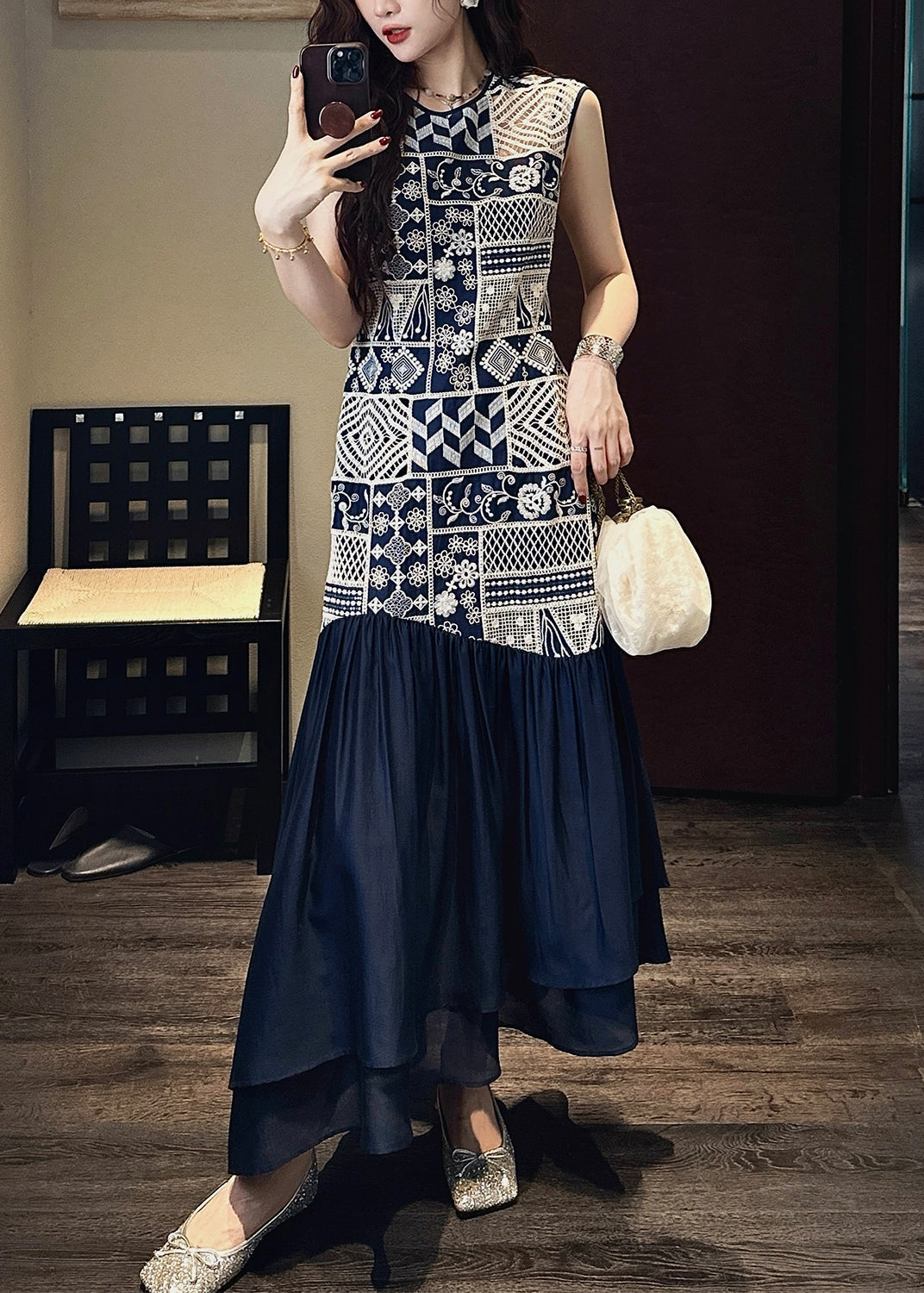 Neck O Navy Dress Long Patchwork Art Hollow Cotton Out Wrinkled