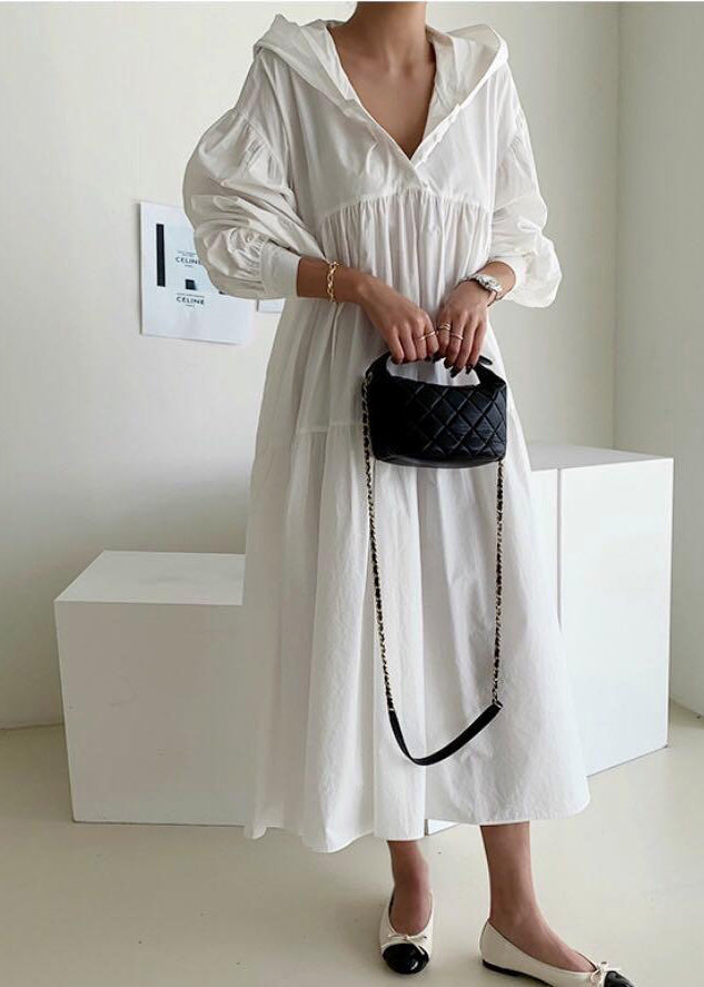Dresses White Bohemian Lantern Hooded Oversized Maxi Cotton