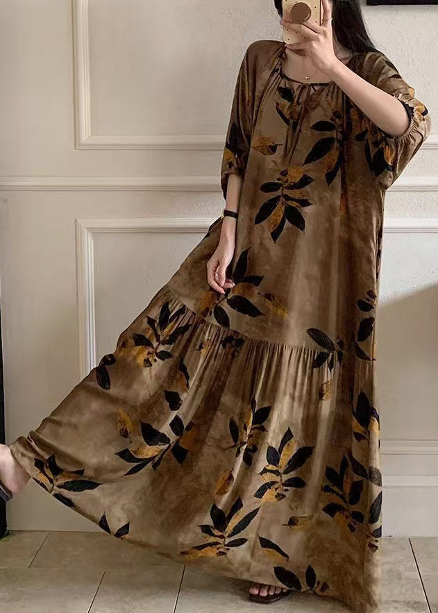 Summer Up Lace Pajamas Cotton Dress Maxi Prin Neck O Brown