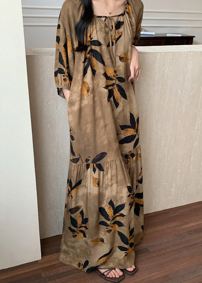 Summer Up Lace Pajamas Cotton Dress Maxi Prin Neck O Brown