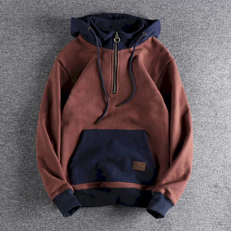 Casual Handsome Hoodies Men 2025 Autumn Winter Retro Trend Color Contrast Hooded Jacket Youth Stand-up Collar Mens Coat