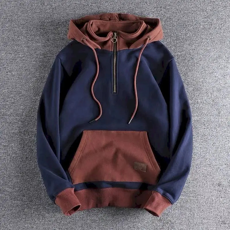 Casual Handsome Hoodies Men 2025 Autumn Winter Retro Trend Color Contrast Hooded Jacket Youth Stand-up Collar Mens Coat