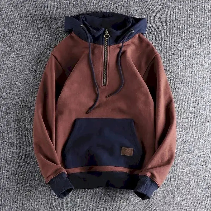 Casual Handsome Hoodies Men 2025 Autumn Winter Retro Trend Color Contrast Hooded Jacket Youth Stand-up Collar Mens Coat