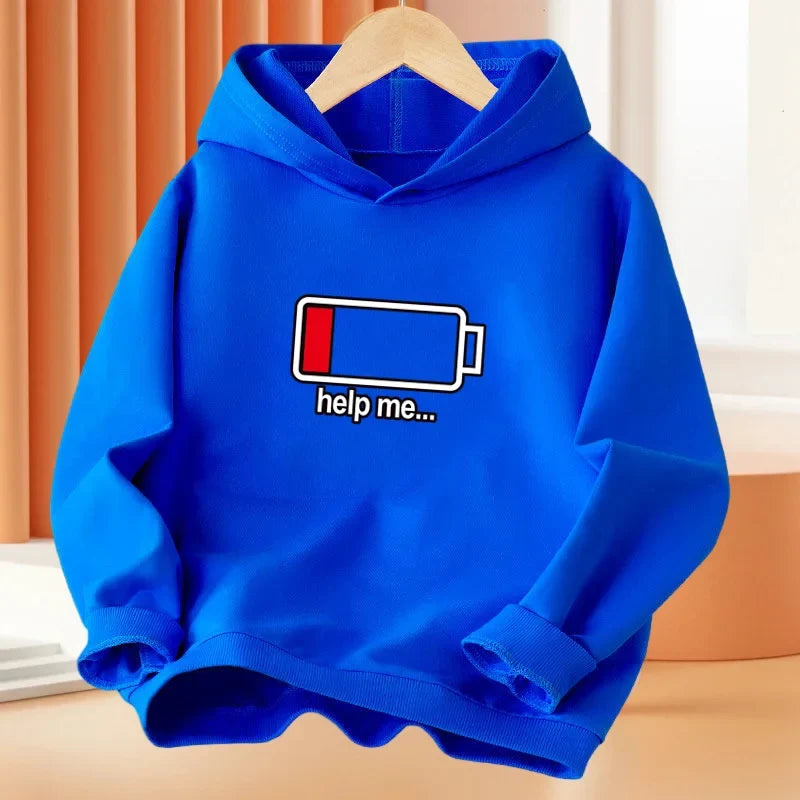 New Low battery Help me printing Hooded Kids Hoodies Sweatshirts Boys Spring  Autumn Hip Hop Basic Coat
