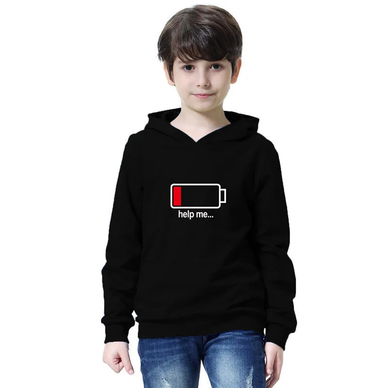 New Low battery Help me printing Hooded Kids Hoodies Sweatshirts Boys Spring  Autumn Hip Hop Basic Coat