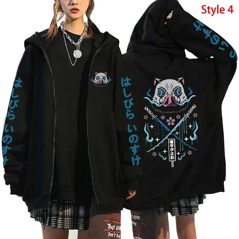 Hot Anime Hashibira Inosuke Printing Zipper Hoodies Women Men Fashion Y2k Personality Zipper Long Sleeve Hooded Sweatshirt Tops
