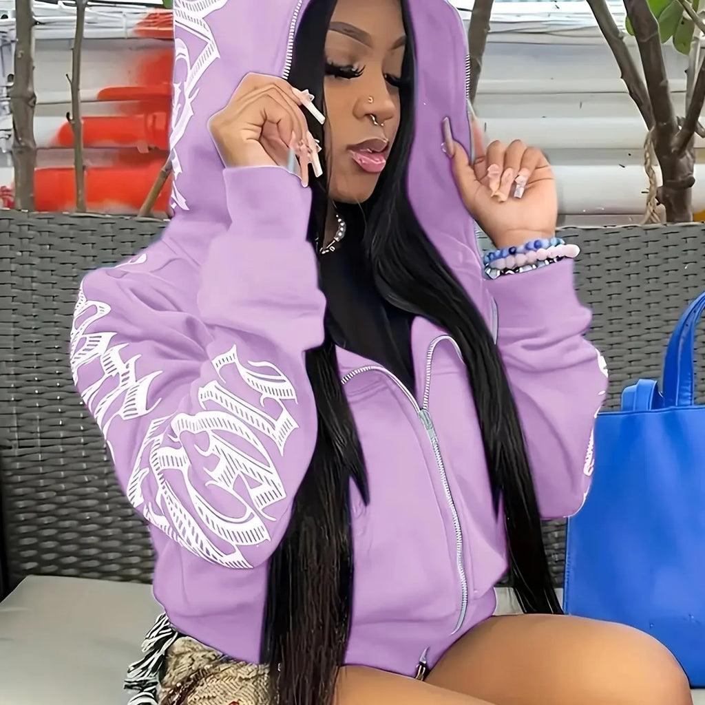 Letter Print Long Sleeve Zip Up Hoodies. Cyber Y2K Gothic Punk Sweatshirt. Women's Clothing