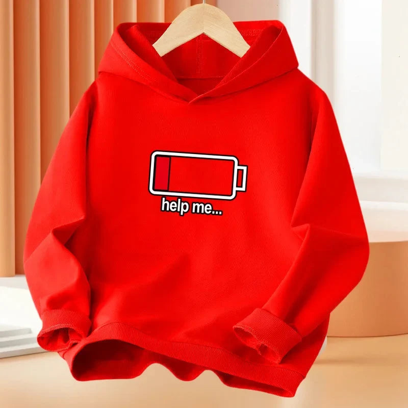 New Low battery Help me printing Hooded Kids Hoodies Sweatshirts Boys Spring  Autumn Hip Hop Basic Coat