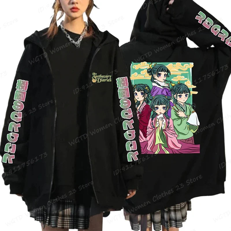 Funny The Apothecary Diaries Print Hoodies Men Women Casual Harajuku Zipper Hooded Pullovers Coat Anime Streetwear Sweatshirt