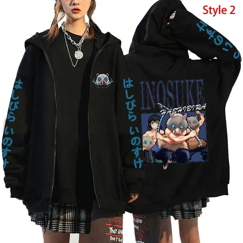 Hot Anime Hashibira Inosuke Printing Zipper Hoodies Women Men Fashion Y2k Personality Zipper Long Sleeve Hooded Sweatshirt Tops