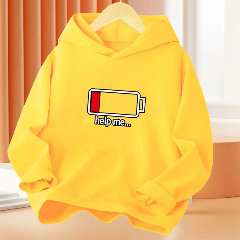 New Low battery Help me printing Hooded Kids Hoodies Sweatshirts Boys Spring  Autumn Hip Hop Basic Coat