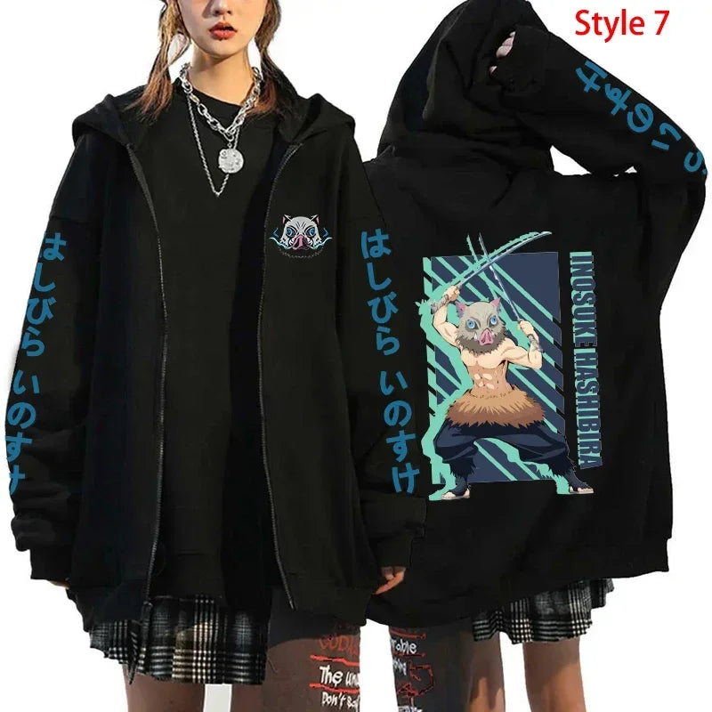 Hot Anime Hashibira Inosuke Printing Zipper Hoodies Women Men Fashion Y2k Personality Zipper Long Sleeve Hooded Sweatshirt Tops