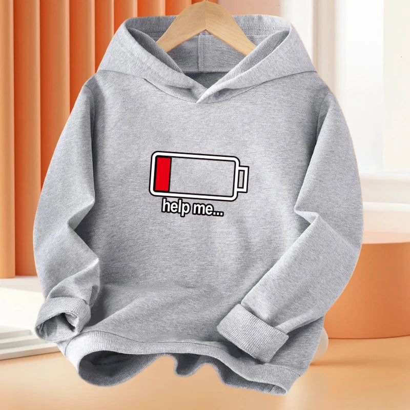 New Low battery Help me printing Hooded Kids Hoodies Sweatshirts Boys Spring  Autumn Hip Hop Basic Coat