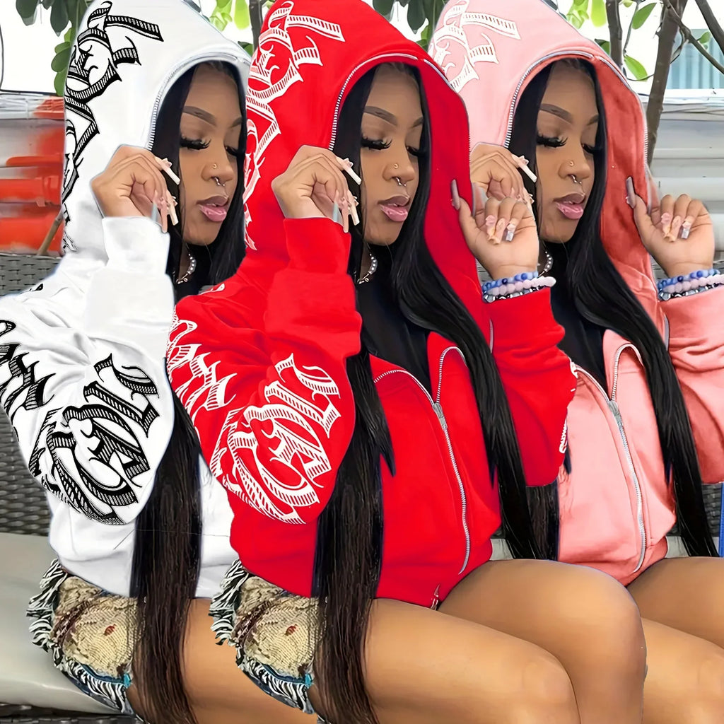 Letter Print Long Sleeve Zip Up Hoodies. Cyber Y2K Gothic Punk Sweatshirt. Women's Clothing