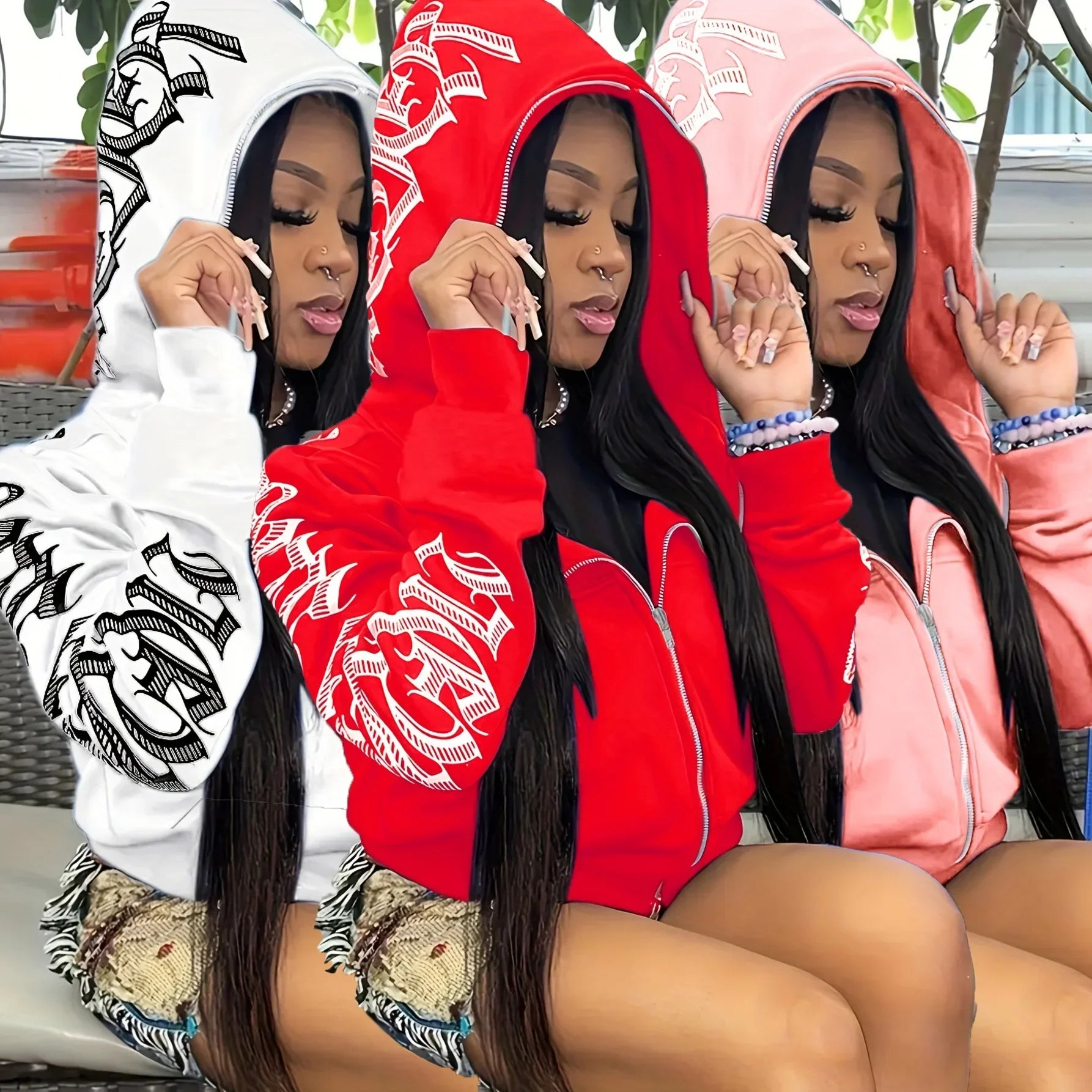 Letter Print Long Sleeve Zip Up Hoodies. Cyber Y2K Gothic Punk Sweatshirt. Women's Clothing