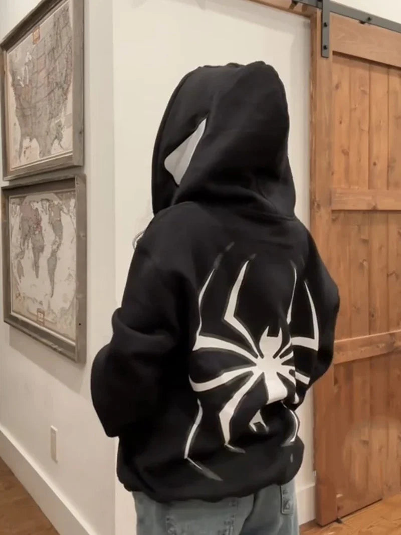Y2k Spider Hoodies Women Men Hip Hop Zip Up Long Sleeve Jacket Graphic Punk Coats Harajuku Casual Loose Hooded Shirt Sweatshirt
