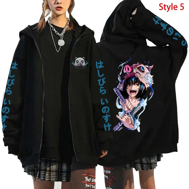 Hot Anime Hashibira Inosuke Printing Zipper Hoodies Women Men Fashion Y2k Personality Zipper Long Sleeve Hooded Sweatshirt Tops