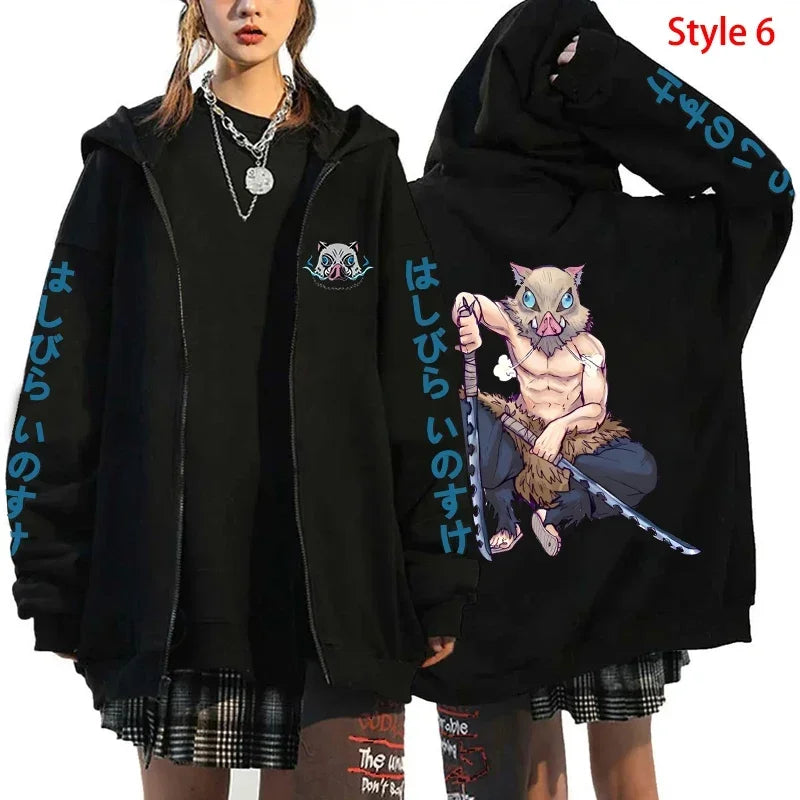 Hot Anime Hashibira Inosuke Printing Zipper Hoodies Women Men Fashion Y2k Personality Zipper Long Sleeve Hooded Sweatshirt Tops