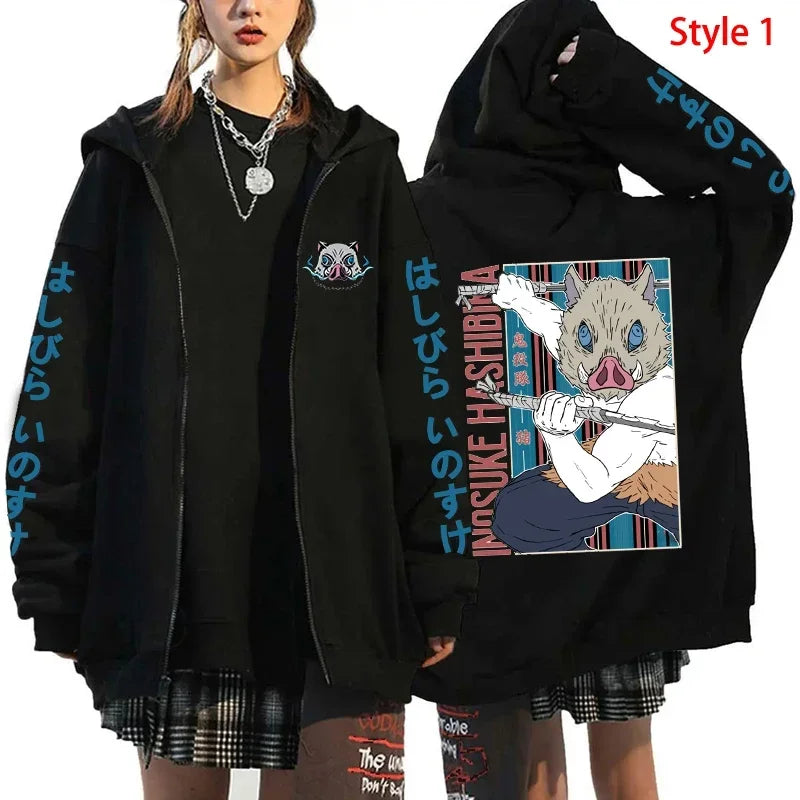 Hot Anime Hashibira Inosuke Printing Zipper Hoodies Women Men Fashion Y2k Personality Zipper Long Sleeve Hooded Sweatshirt Tops