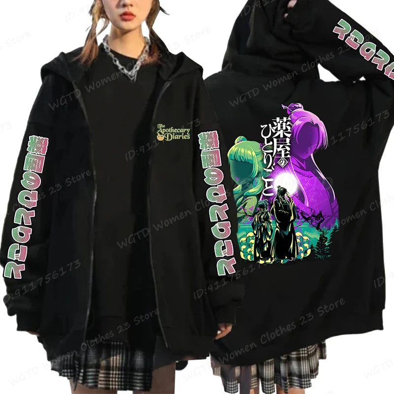 Funny The Apothecary Diaries Print Hoodies Men Women Casual Harajuku Zipper Hooded Pullovers Coat Anime Streetwear Sweatshirt