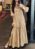 Dress Sleeve Long Yellow Silk V Tasseled Neck Half Print
